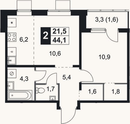 Планировка: 2-к, 42,5 м²