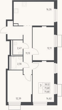 Планировка: 3-к, 71,7 м²
