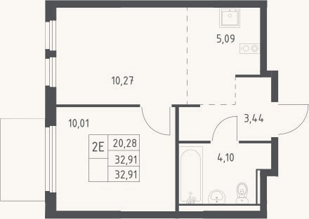 Планировка: 2-к, 32,9 м²