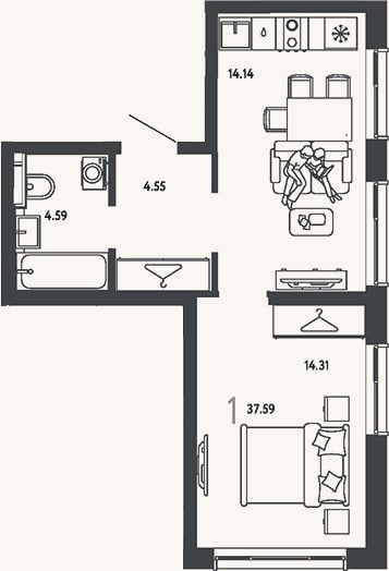 Планировка: 1-к, 37,6 м²