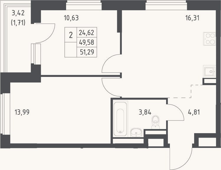 Планировка: 3-к, 49,6 м²