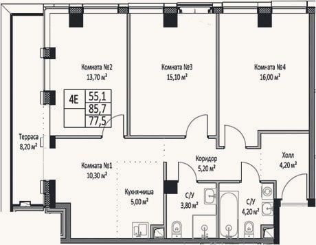 Планировка: 4+ к, 77,5 м²