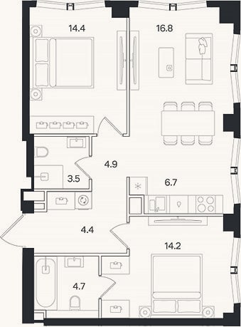 Планировка: 3-к, 69,6 м²