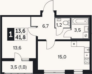 Планировка: 1-к, 40 м²