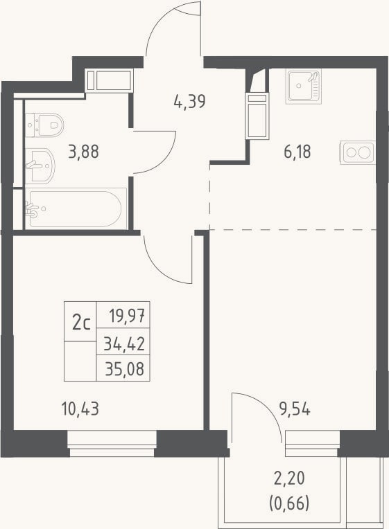Планировка: 2-к, 34,4 м²