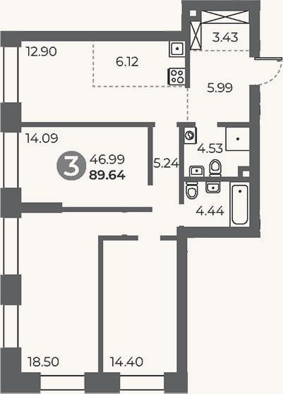 Планировка: 3-к, 89,6 м²