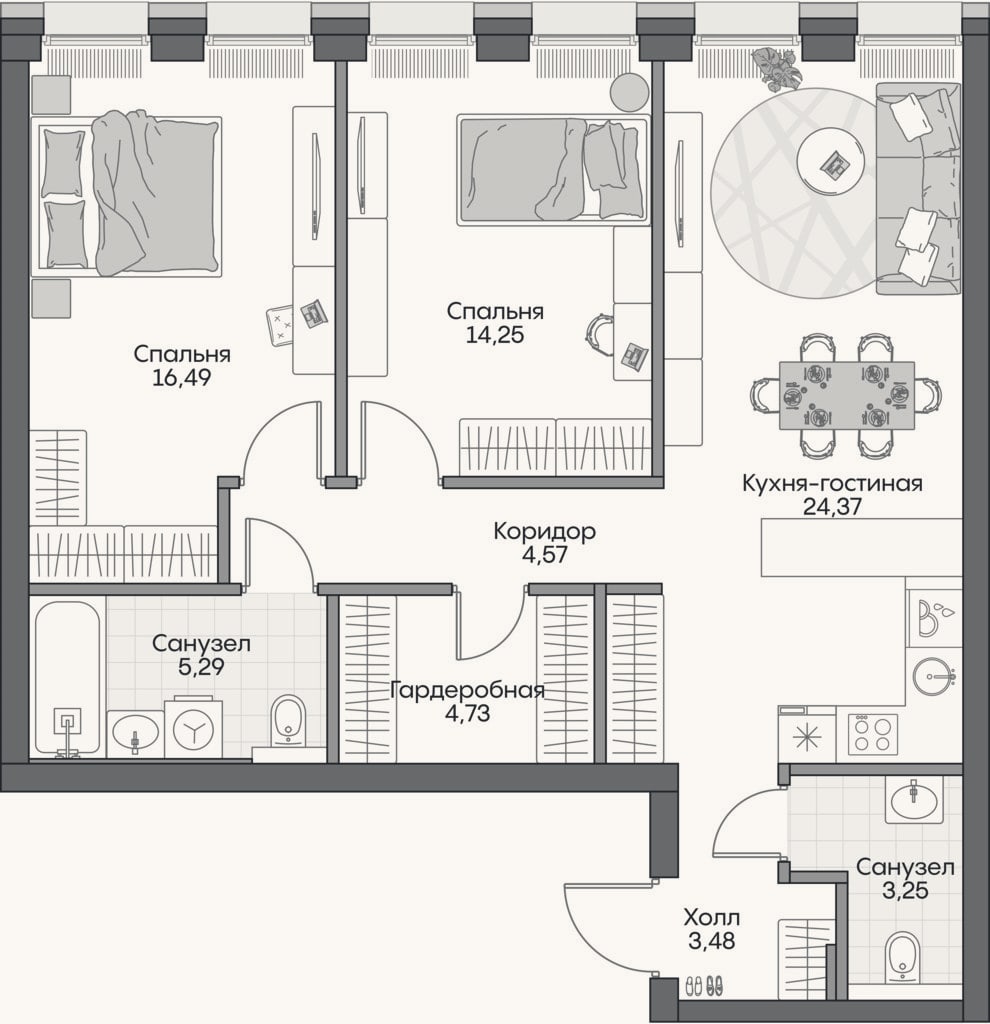 Планировка: 3-к, 75,2 м²