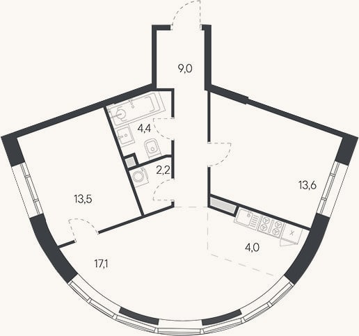 Планировка: 3-к, 63,8 м²