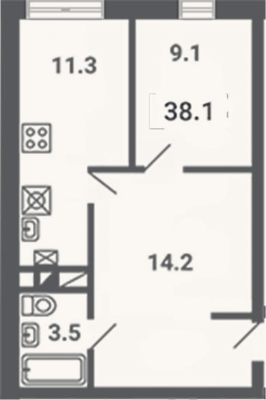 Планировка: 1-к, 38,1 м²