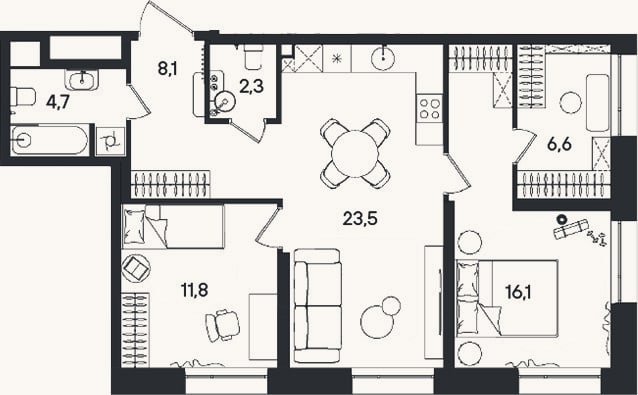 Планировка: 3-к, 73,1 м²