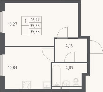 Планировка: 1-к, 35,4 м²