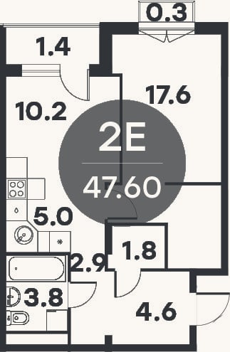 Планировка: 2-к, 43,7 м²