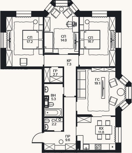 Планировка: 4+ к, 105,4 м²