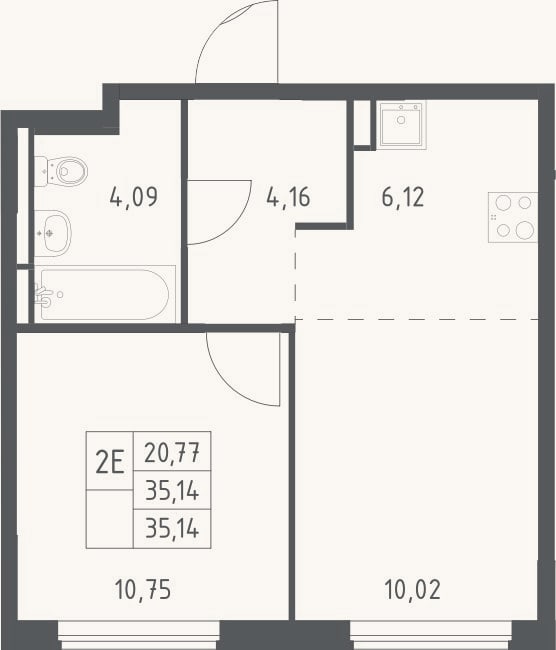 Планировка: 2-к, 35,1 м²