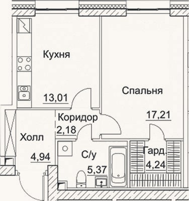 Планировка: 1-к, 47 м²