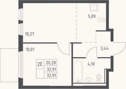 Планировка: 2-к, 32,9 м²