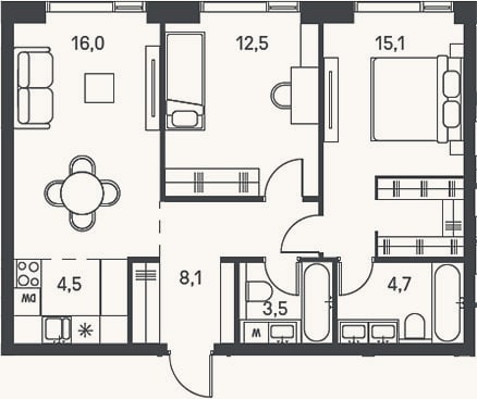 Планировка: 3-к, 64,4 м²