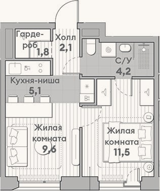 Планировка: 2-к, 34,3 м²