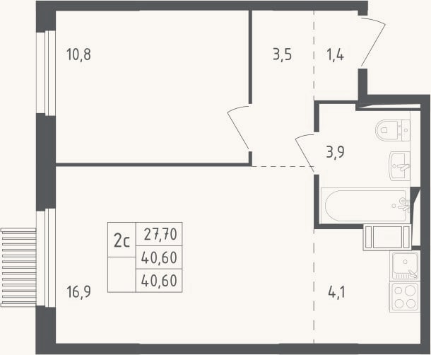 Планировка: 2-к, 40,6 м²