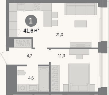 Планировка: 1-к, 41,6 м²