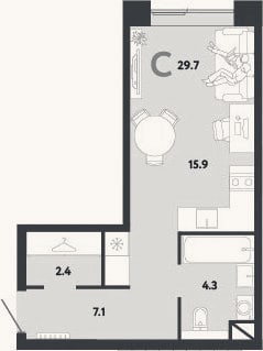 Планировка: Студия, 29,7 м²
