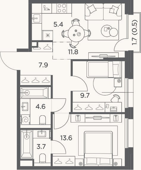 Планировка: 3-к, 56,7 м²