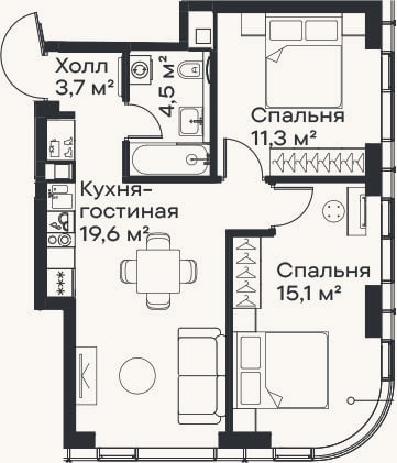 Планировка: 3-к, 54,2 м²
