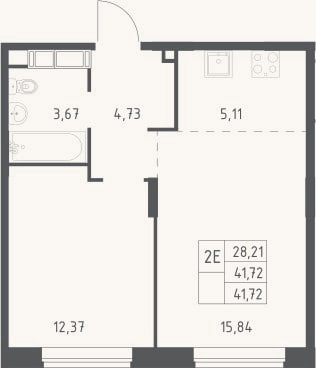 Планировка: 2-к, 41,7 м²