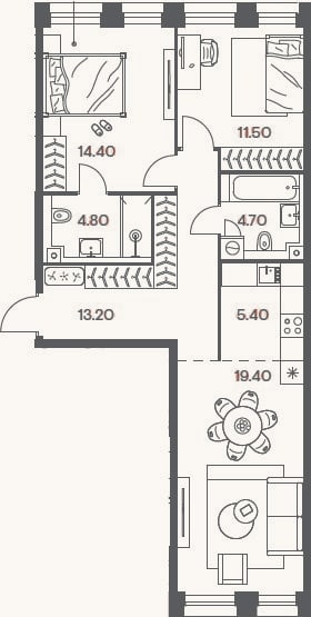 Планировка: 3-к, 73,4 м²