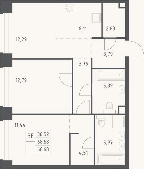 Планировка: 3-к, 68,7 м²
