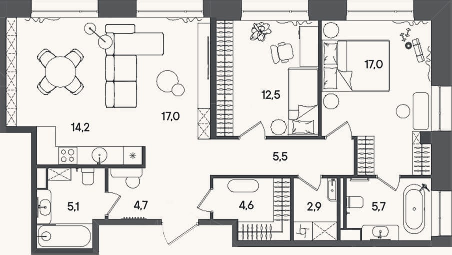 Планировка: 3-к, 88,4 м²