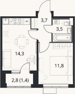 Планировка: 1-к, 33,3 м²