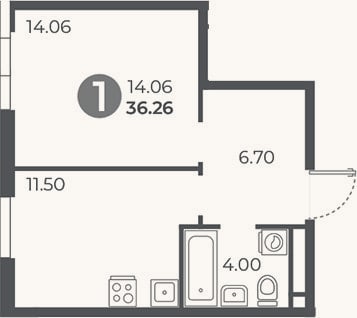 Планировка: 1-к, 36,3 м²