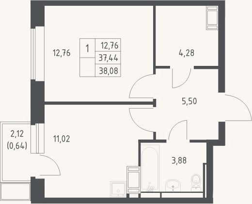 Планировка: 1-к, 37,4 м²