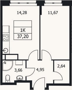 Планировка: 1-к, 37,2 м²