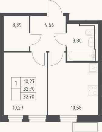 Планировка: 1-к, 32,7 м²