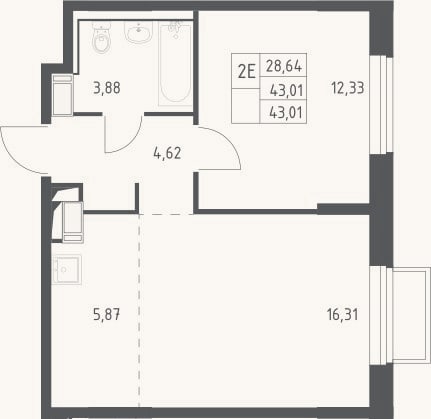 Планировка: 2-к, 43 м²