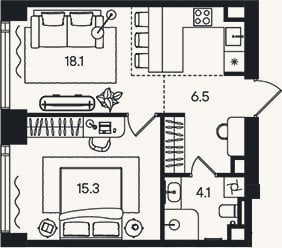Планировка: 2-к, 44 м²
