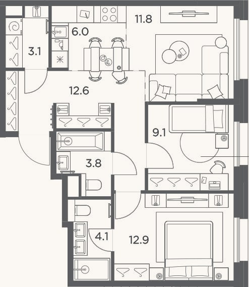 Планировка: 3-к, 63,4 м²