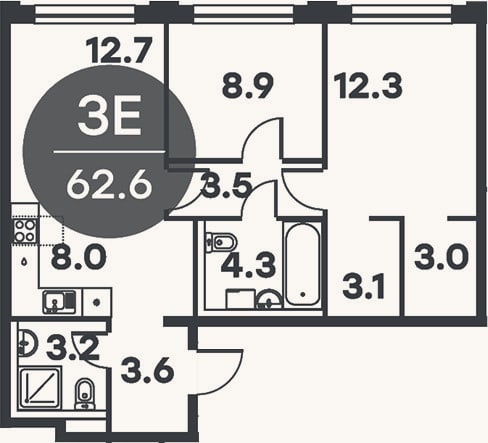 Планировка: 3-к, 62,6 м²