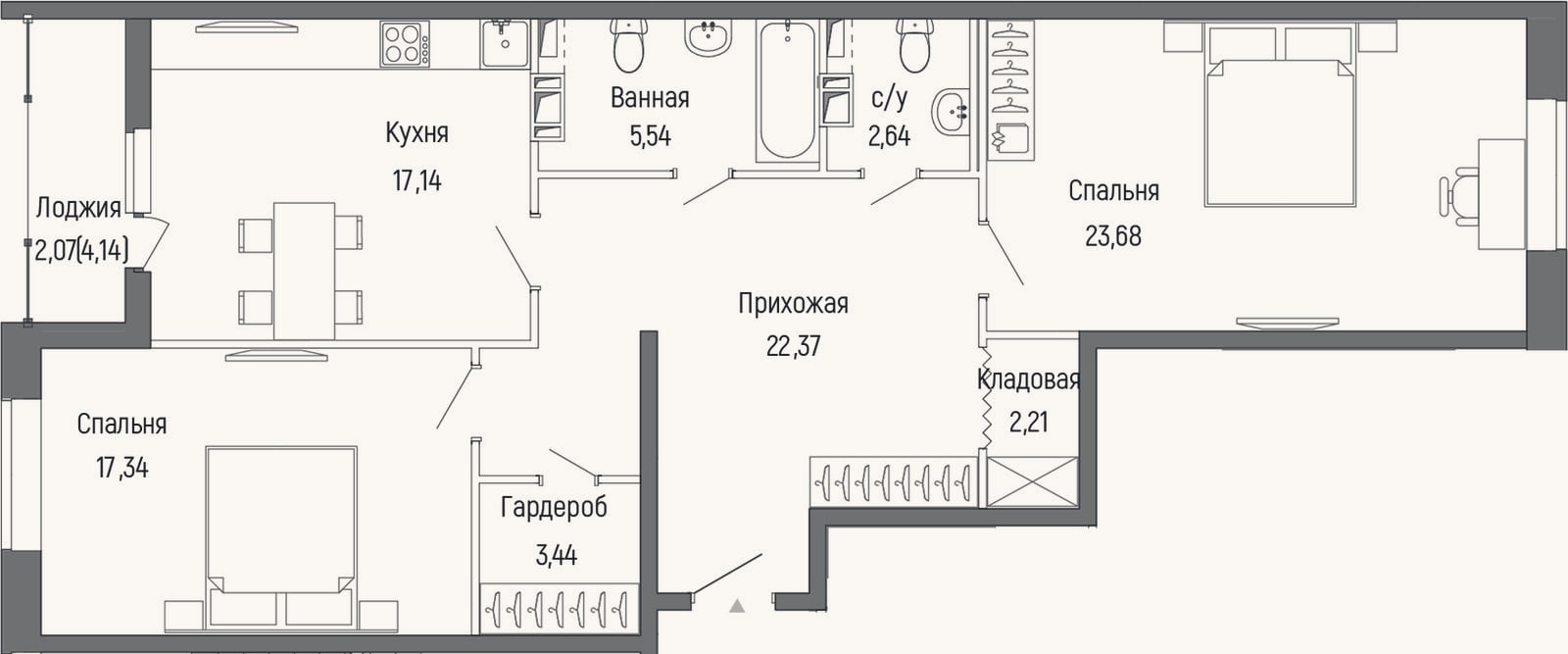 Планировка: 2-к, 91,9 м²