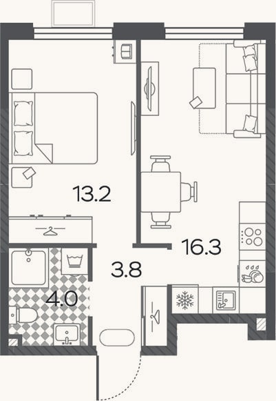 Планировка: 2-к, 37,3 м²