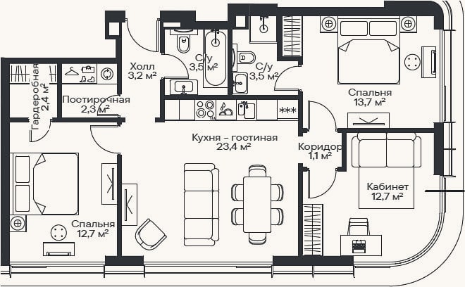 Планировка: 4+ к, 76,9 м²