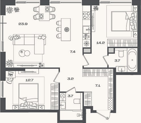 Планировка: 3-к, 75,9 м²