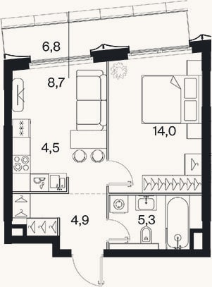 Планировка: 1-к, 37,4 м²