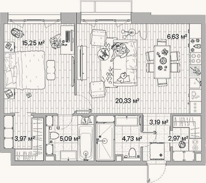 Планировка: 2-к, 62,2 м²