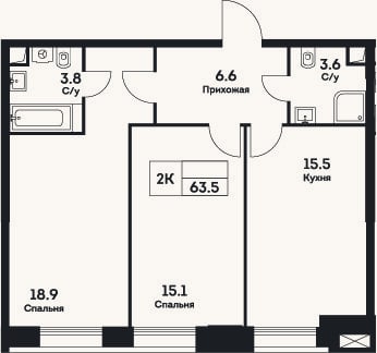 Планировка: 2-к, 63,5 м²