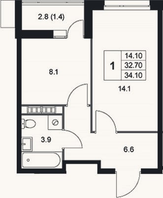 Планировка: 1-к, 32,7 м²