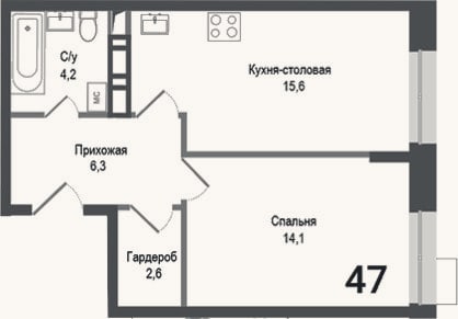 Планировка: 2-к, 42,8 м²