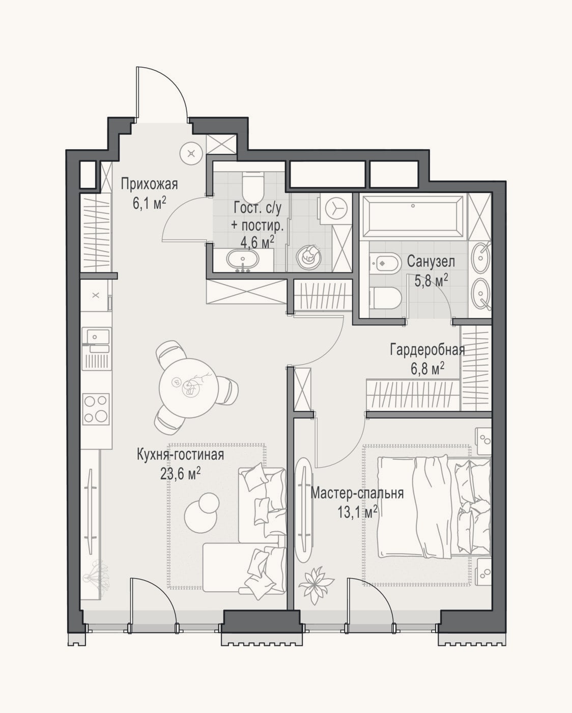 Планировка: 2-к, 60,6 м²